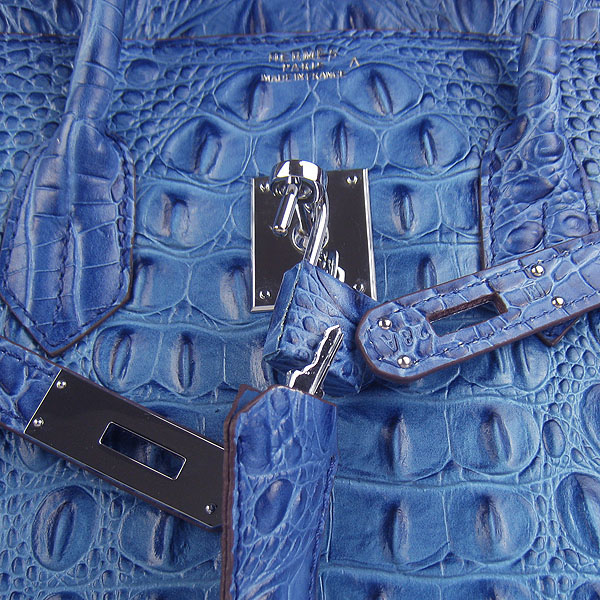 High Quality Fake Hermes Birkin 35CM Crocodile Head Veins Leather Bag Dark Blue 6089